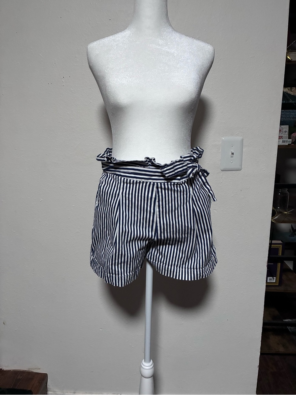 Vine & Love Navy and White Striped High-Waist Paperbag Shorts